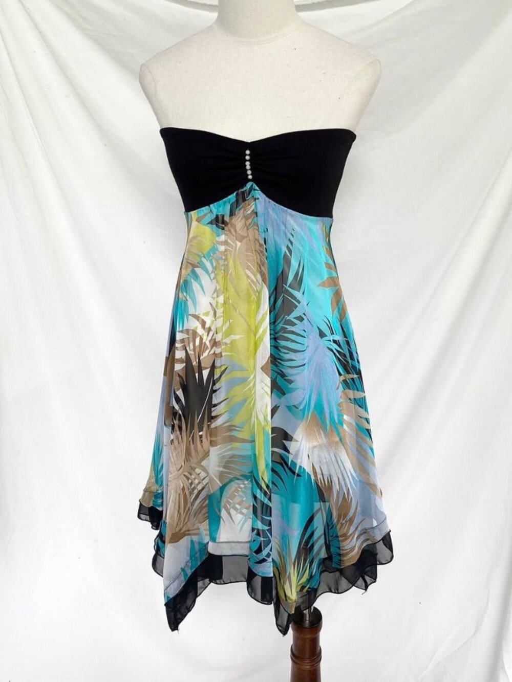 Y2K Black Strapless Tropical Print Mini Dress Colorful Ruffle Hem Party Dress